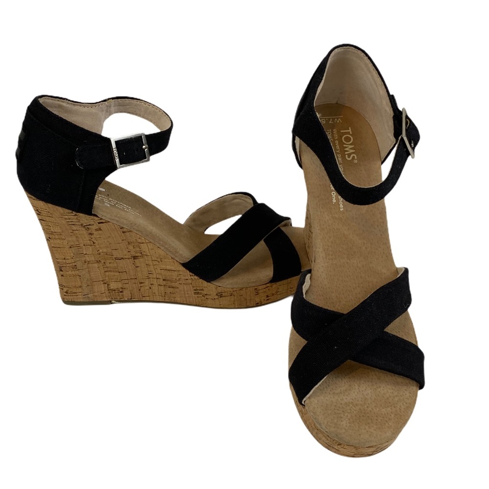 TOMS Black Fabric Crisscross Wedge Sandals